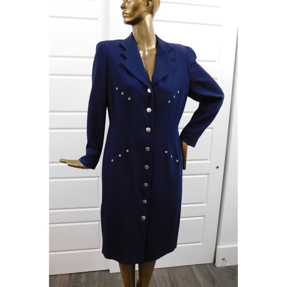 New Escada Vintage Navy Blue Wool Star Accent Long Jacket Coat sz‎ 44